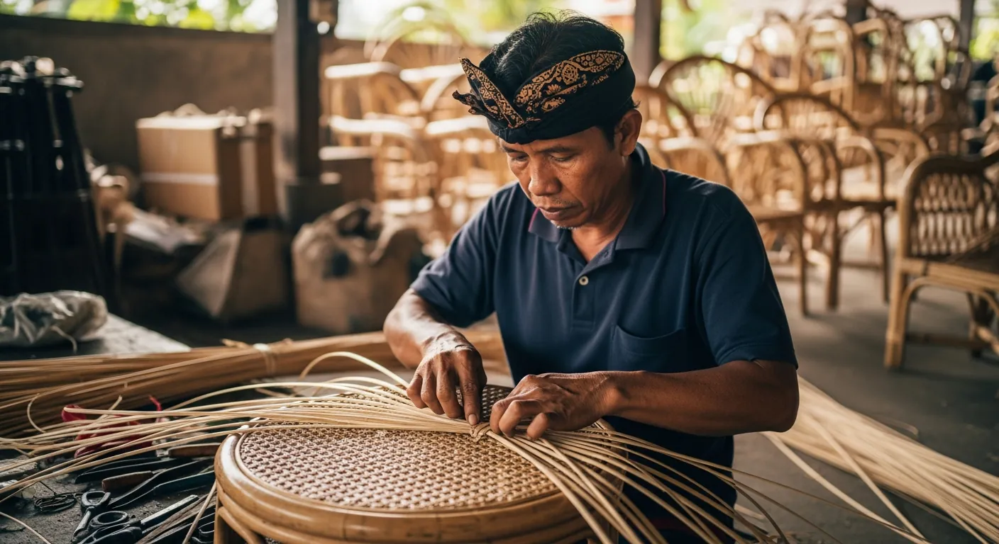 Artisan weaving rattan furniture in Gianyar