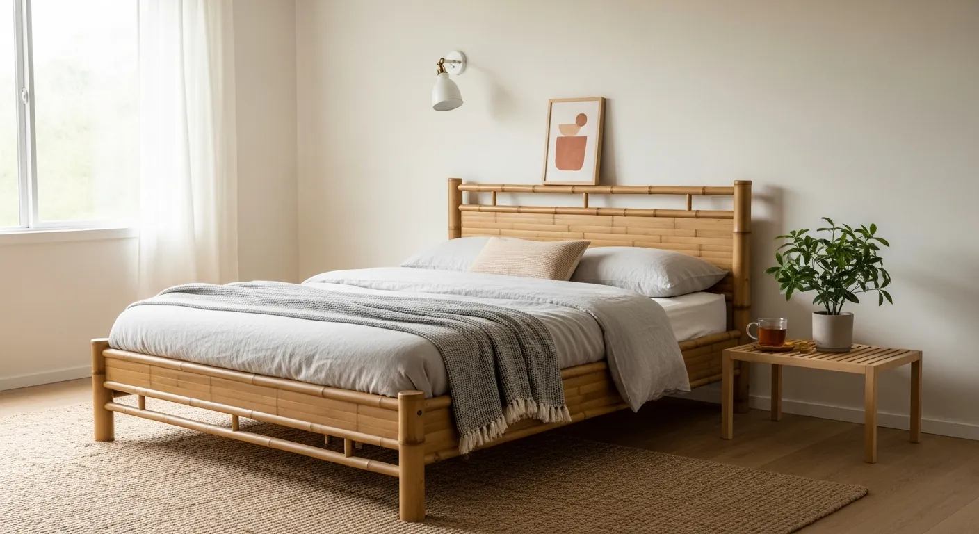 Bamboo bed frame in a minimalist bedroom