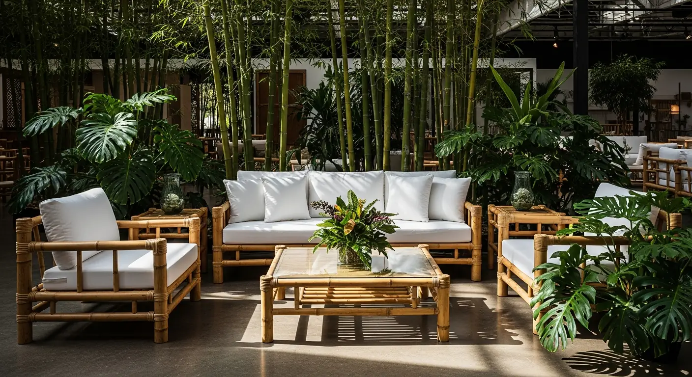 Bamboo lounge sofa set in a showroom