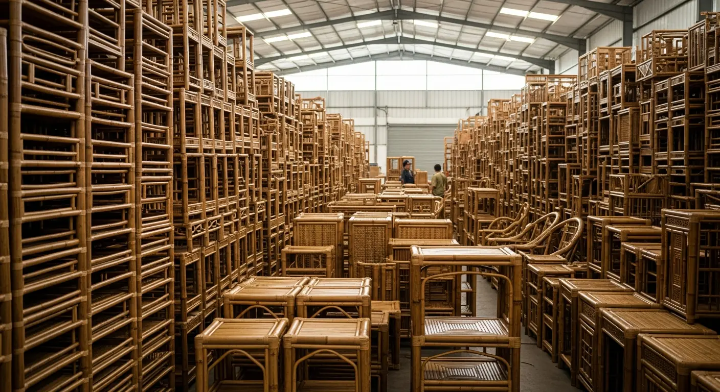 Finished bamboo furniture in an export warehouse