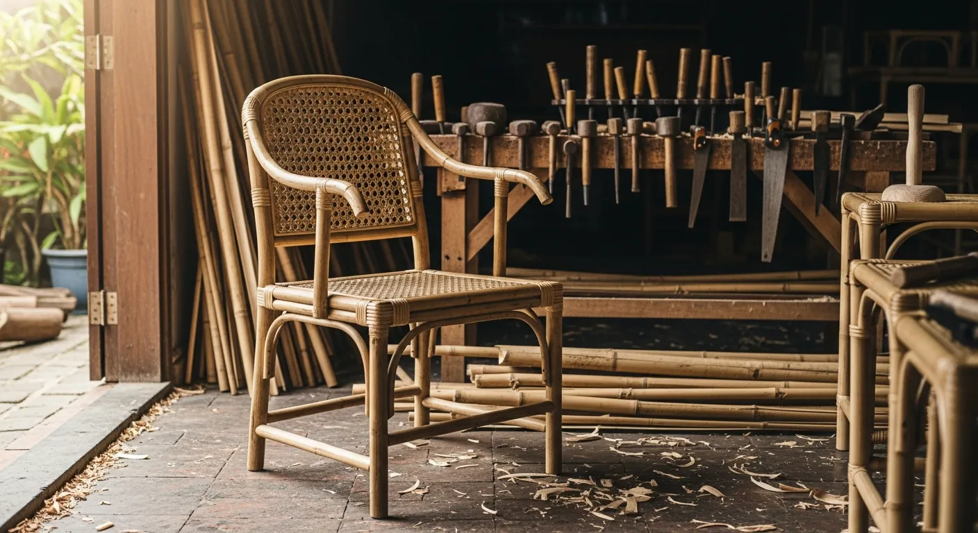 Handcrafted bamboo dining chair in a Bali workshop