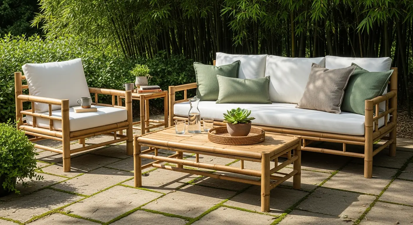 Outdoor bamboo furniture on a garden terrace